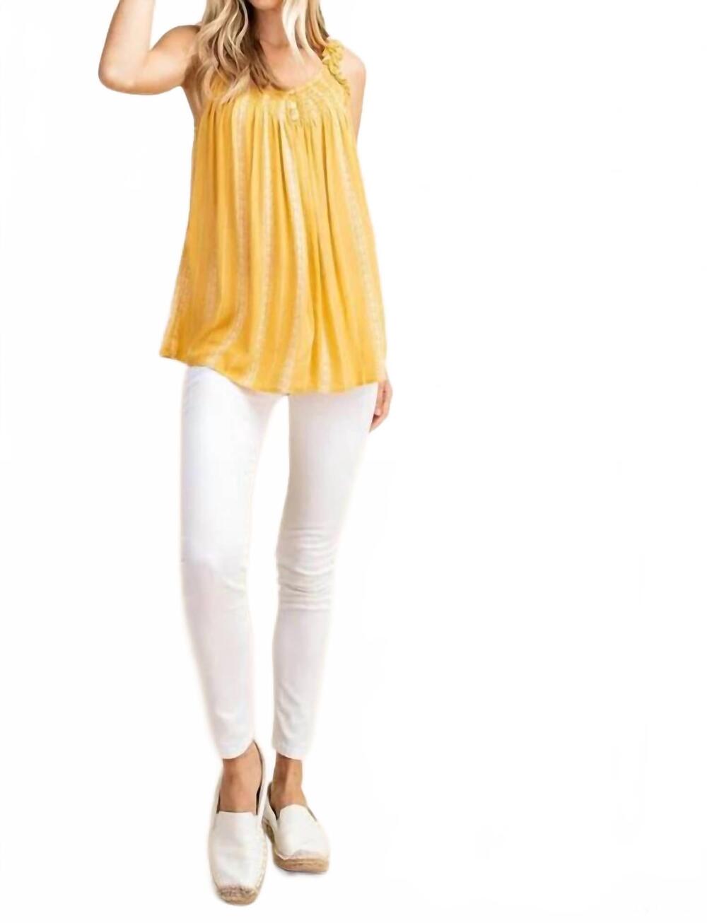 NEW KORI callista ruffle shoulder band baby doll top in mustard